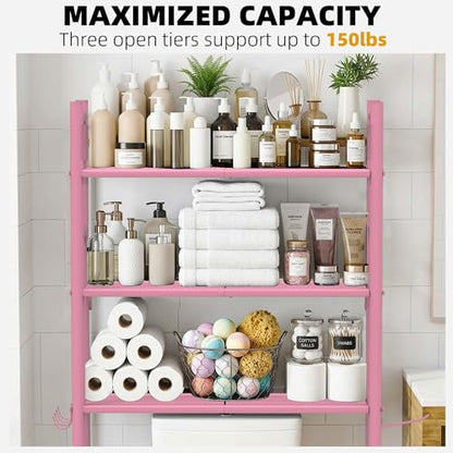 GloTika 3-Tier Over Toilet Storage, Anti-Tilt, 64" H, Pink | Anti-Tilt Safety System, 150lb Capacity, Carbon Steel, Freestanding, No Drilling, Anti-Rust Coating, Paper Holder & 4 Hooks - color: Pink, size: 3-Tier