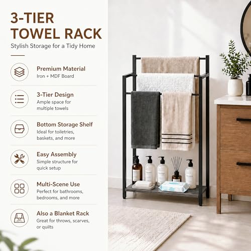 16.9" W Freestanding Towel Rack with Oak Grey Wood Shelf | 3 Tier Blanket Ladder Stand for Bathroom Living Room, Metal Frame,31.5"H x 16.9"W x7.9"D - color: Oak Grey, size: 31.5"H x 16.9"W x7.9"D