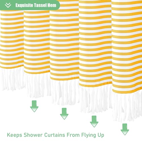 Extra Long Shower Curtains, 96 Inch Long Farmhouse Boho Yellow Striped Fabric Tassel Shower Curtains for Bathroom, Tall Bohemian Textured Cloth Shower Curtain Set with Hooks, Yellow, 72x96 - color: A. Yellow, size: 72"W x 96"L (Pack of 1)