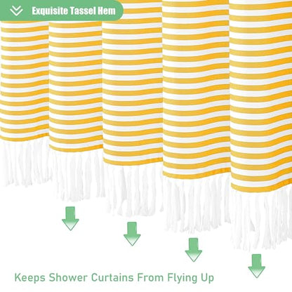 Extra Long Shower Curtains, 96 Inch Long Farmhouse Boho Yellow Striped Fabric Tassel Shower Curtains for Bathroom, Tall Bohemian Textured Cloth Shower Curtain Set with Hooks, Yellow, 72x96 - color: A. Yellow, size: 72"W x 96"L (Pack of 1)