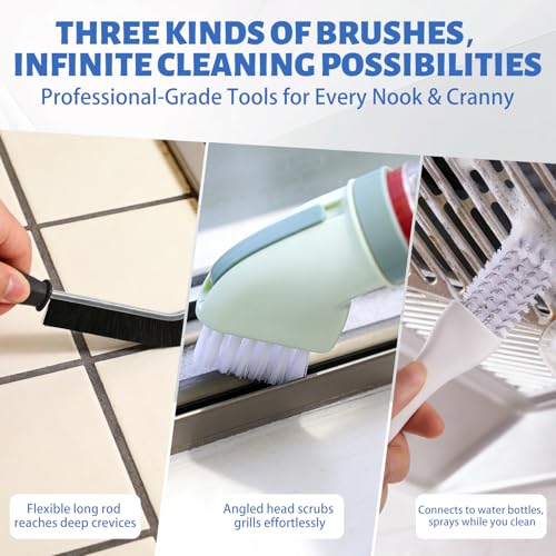 Crevice Cleaning Brush Set，Grill Brush，Hard Bristle Crevice Cleaner Connected to Mineral Water Bottle，for use in: Kitchen, Bathroom Sinks and Corners, Crevices, Window Tracks, and Tight Spaces.4pcs