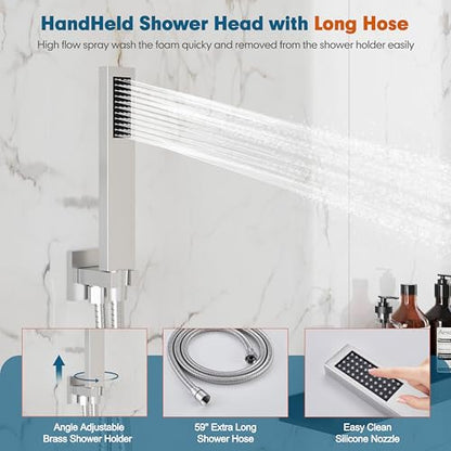 Kurpot Shower System, 10'' High Pressure Brushed Nickel Shower Head with Handheld Spray Combo, Included 59'' Shower Hose, Shower Trim Kit and 2-IN-1 Diverter, Bathroom Shower Faucet Set with Valve - color: Brushed Nickel