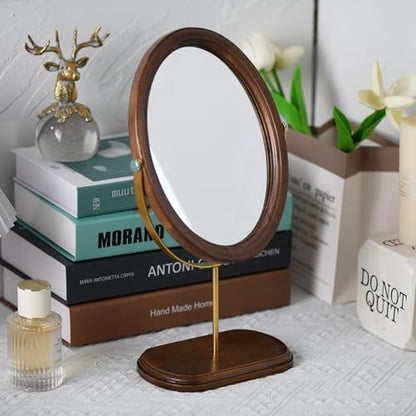 Tstarer Desk Makeup Mirror with Solid Wood,Elliptical Vanity Table Mirror for Living Room Bedroom (7.5 W x 13.5 H) (Rustic Brown)