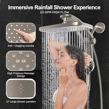 12-Inch High Pressure Rain Shower Head with Handheld Spray Combo, Magnetic | Dual shower heads; one-piece bracket adjusts height and angle; 9 settings: 8 sprays + 1 Power Jet for cleaning; easy install - color: Brushed Nickel