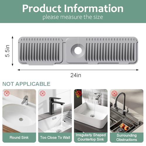 24 Inch Upgraded Draining Mat Folding Faucet Mat for kitchen sink Faucet Draining Mat with Button Lock Silicone Splash Guard faucet Pad for Kitchen Bathroom Bar(Grey) - color: Gray