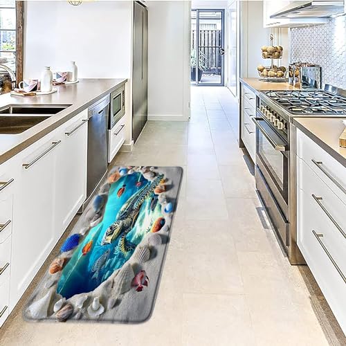 Sea Turtle Bath Mat Bathroom Rug, Ocean Beach Shell Tropical Fish Underwater World Summer Memory Foam Bathroom Kitchen Bedroom Livingroom Soft Floor Rug, 16"x47" - size: 16x47 Inch(40x120CM)