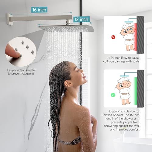 SR SUN RISE Shower Faucet Set & System - 12 Inch Rainfall Shower Head & Handle Set Wall Mounted Brushed Nickel Solid Brass Valve Trim Kit Included - color: Brushed Nickel, size: 12 Inch