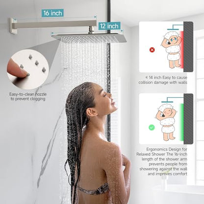 SR SUN RISE Shower Faucet Set & System - 12 Inch Rainfall Shower Head & Handle Set Wall Mounted Brushed Nickel Solid Brass Valve Trim Kit Included - color: Brushed Nickel, size: 12 Inch