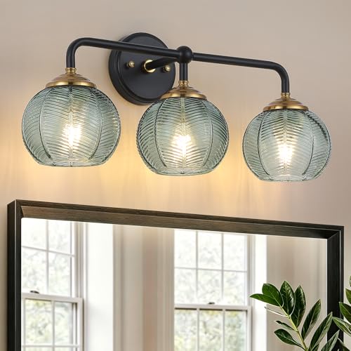 Mecgirn Bathroom Vanity Light Fixtures, 3-Light Green Glass Shade, Modern Black and Gold Wall Sconce, Unique Textured Leaf Pattern, Ceramic E26 Sockets Wall Mounted for Mirror, Cabinet, Hallway - color: Green, size: 3 Light