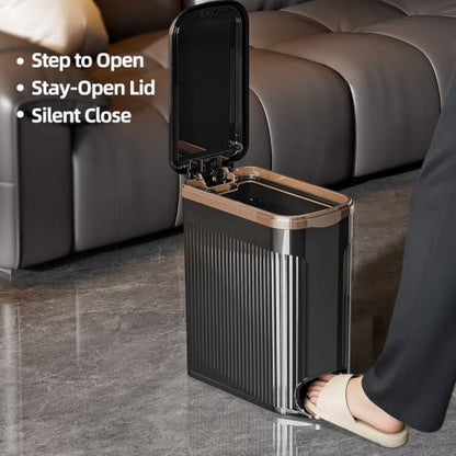 JOYZAN Slim Bathroom Trash Can with Pop-Up Lid Step Pedal Waste Basket | Foot Pedal Trash Can 2.6 Gallon Dog Proof Plastic Garbage Bin for Kitchen, Living Room, Bedroom, Office Black