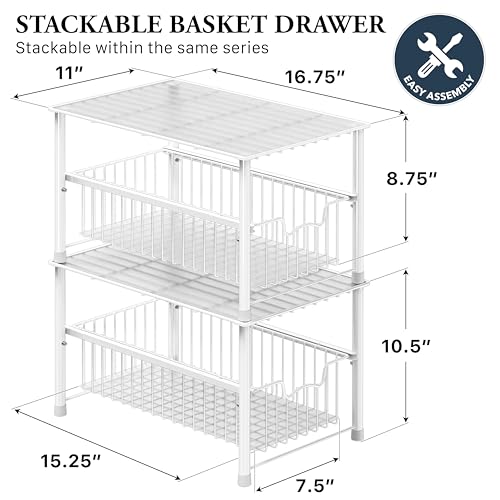 Simple Houseware Wired Stackable Under Sink Cabinet Sliding Basket, White | Free Standing Organizer Drawer, Kitchen/Pantry/Cabinet/Counter - color: White