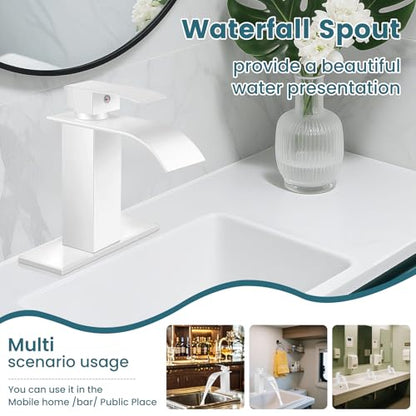Bathroom Faucets White Waterfall Single Handle Bathroom Sink Faucet | with Pop-up Drain & Deck,Supply Hoses,Single Handle Vanity Faucet,Stainless Steel,1 or 3 Hole,RV,Farmhouse Bathrooms - color: A-White, style: Short