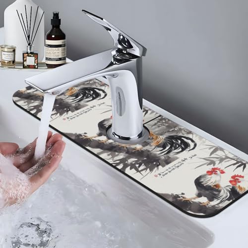 Ink Wash Two Chickens 15x5.5 Inch Diatomite Faucet Mat - Absorbent Sink Splash Guard For Kitchen & Bathroom, Fast-Dry Sink Drying Mat With Non-Slip Backing