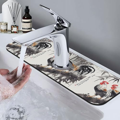 Ink Wash Two Chickens 15x5.5 Inch Diatomite Faucet Mat - Absorbent Sink Splash Guard For Kitchen & Bathroom, Fast-Dry Sink Drying Mat With Non-Slip Backing
