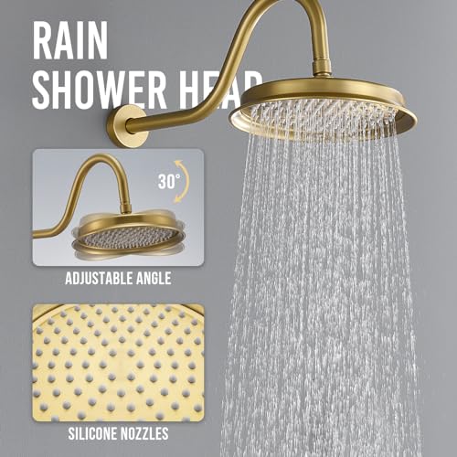 DASAN Antique Shower Faucet Sets Complete Rain Shower System in Wall with Body Shower Spray Jets, Brushed Gold Shower Fixtures with 9'' Rainfall Overhead Shower, Handheld, Valve & Trim Kit, AT249W-BTG - color: Brushed Gold