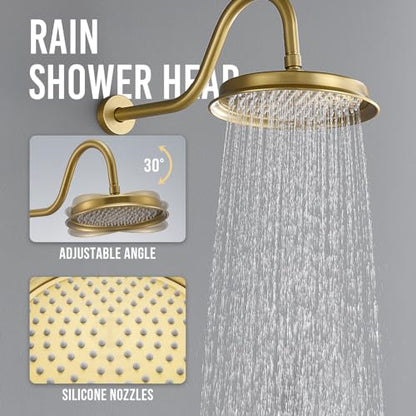 DASAN Antique Shower Faucet Sets Complete Rain Shower System in Wall with Body Shower Spray Jets, Brushed Gold Shower Fixtures with 9'' Rainfall Overhead Shower, Handheld, Valve & Trim Kit, AT249W-BTG - color: Brushed Gold