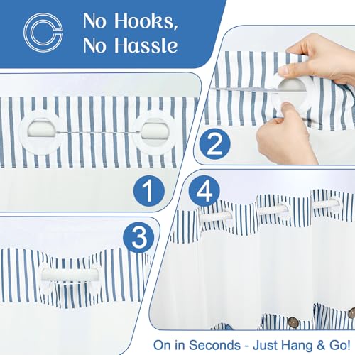 ASPMIZ Farmhouse Striped Shower Curtain and Liner Set No Hook, Blue 71x74 | No Hook Shower Curtain with Snap in Liner Fabric, Rustic Washable Waterproof Bathroom Curtains with Button, Mesh Top Window - color: Blue Striped, size: 71"W x 74"L (Pack of 1), s