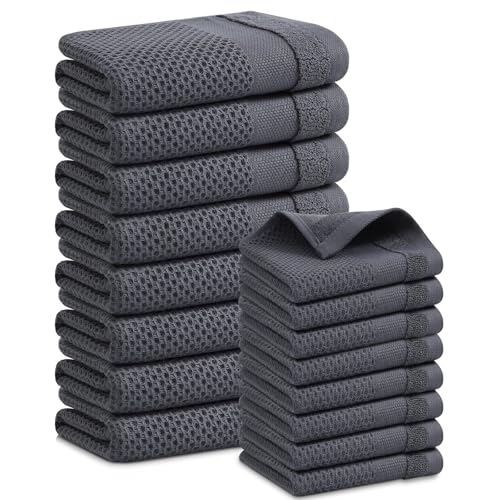 Homaxy Kitchen Towels and Dishcloths Set, Set of 16, Dark Grey | 100% Cotton Waffle Weave Kitchen Towels, Super Soft and Absorbent Dish Cloths, 12 x 12 and 13 x 28 Inches - color: Dark Grey, size: 16-Piece Set