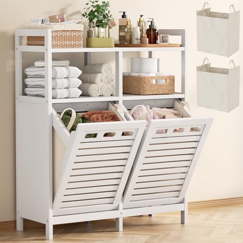 Tilt Out Laundry Hamper Cabinet, Bamboo Double Laundry Hamper with 2 Removable Laundry Baskets, 20 Gal Laundry Sorter Organizer with Shelf for Dirty Clothes, Bathroom, Laundry Room, White - color: White, size: Large
