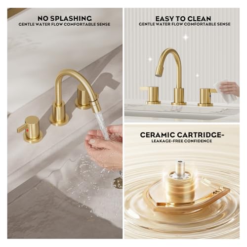 Pull Down Sprayer Brushed Gold 8 Inch Bathroom Sink Faucet, 2 Handles 3 Hole Widespread Pull Out Bathroom Faucet，with Pop Up Drain and Water Supply Line,BF04022-K01-BG - color: Brushed Gold