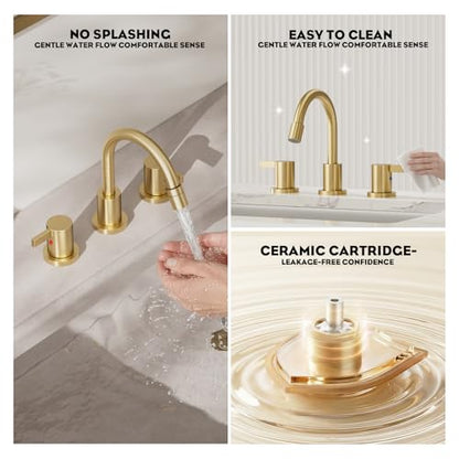 Pull Down Sprayer Brushed Gold 8 Inch Bathroom Sink Faucet, 2 Handles 3 Hole Widespread Pull Out Bathroom Faucet，with Pop Up Drain and Water Supply Line,BF04022-K01-BG - color: Brushed Gold