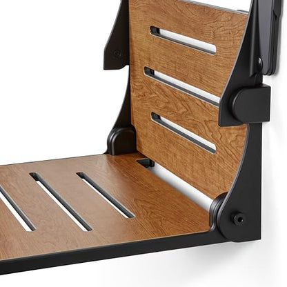 Seachrome Silhouette Comfort Folding Wall Mount Shower Bench Seat with Arms, Rustic Teak Seat with Matte Black Frame - color: Rustic Teak With Matte Black Frame