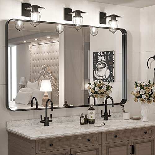 48 x 30 Inch Wall Mirror Black Bathroom Vanity Mirror with Metal Frame Aluminum Alloy Soft Rounded Corner for Modern Farmhouse Wall Decor 1”Deep Set Design (Horizontal/Vertical) - color: Black, size: 30"L x 48"W, style: Rectangle