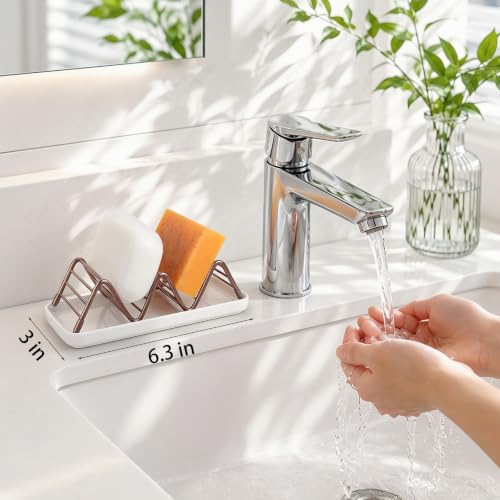 Stainless Steel Soap Dish Draining Soap Holder with Ceramic Tray, Rose Gold | Reversible Design Fits 2-3 Bars, Rustproof, Easy to Clean, Space Saving, Non Slip, for Bathroom, Shower, Kitchen - color: Rose Gold, size: 6.3" x 3.0"(with tray)