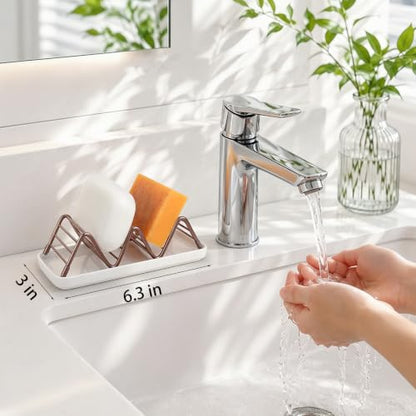 Stainless Steel Soap Dish Draining Soap Holder with Ceramic Tray, Rose Gold | Reversible Design Fits 2-3 Bars, Rustproof, Easy to Clean, Space Saving, Non Slip, for Bathroom, Shower, Kitchen - color: Rose Gold, size: 6.3" x 3.0"(with tray)