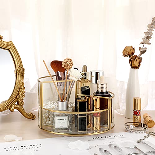 Hipiwe 360° Rotating Makeup Organizer 3-Slot Gold Glass Vanity Holder | Round Spinning Cosmetic Display Case Dresser Bathroom Organizers for Prefume Makeup Bushes Lipsticks Storage - style: Round,3-Slot