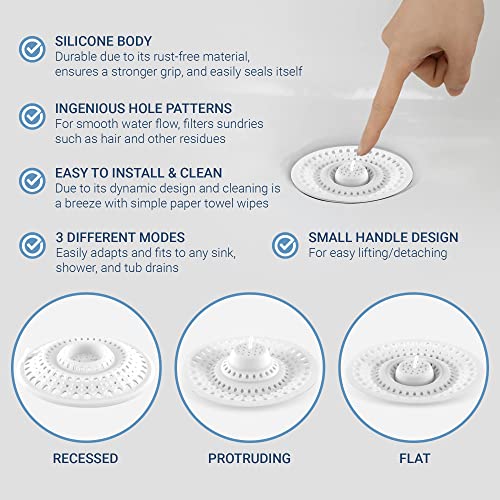 Meadow Lane Silicone Drain Hair Catcher, Fits Most Drains, White, 2-Pack | Flat silicone cover adjusts to 3 drain setups; 4.75-inch design catches hair on top and lifts off for quick cleaning. - size: 2 Pack
