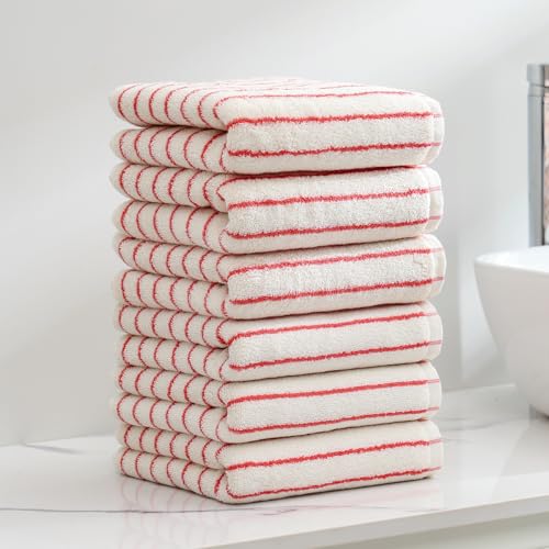 Striped Hand Towels for Bathroom, 100% Cotton Red Stripe, 6 Pack, | Face Towels Super Soft Fast Drying Black Stripes Bathroom - color: Red