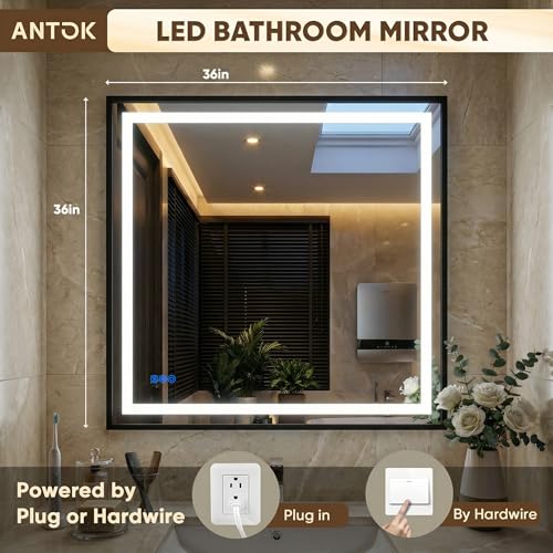Antok 36X36 LED Bathroom Mirror with Lights, Vanity Mirror for Wall with Black Frame, Touch Control, Anti-Fog, Dimmable Lights, Shatter-Proof, Memory Function, Wall-Mounted Vanity Mirrors - size: 36"L x 36"W