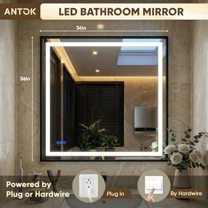Antok 36X36 LED Bathroom Mirror with Lights, Vanity Mirror for Wall with Black Frame, Touch Control, Anti-Fog, Dimmable Lights, Shatter-Proof, Memory Function, Wall-Mounted Vanity Mirrors - size: 36"L x 36"W