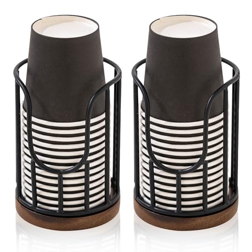 2PCS Bathroom Cup Dispenser with Acacia Wood Stand - Essential Bathroom Accessories for Toothbrush Holders & Mouthwash Cup Dispenser on Vanity Countertops Black - color: 2 Pack Black