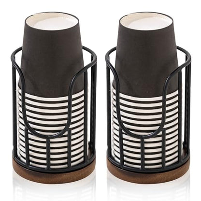 2PCS Bathroom Cup Dispenser with Acacia Wood Stand - Essential Bathroom Accessories for Toothbrush Holders & Mouthwash Cup Dispenser on Vanity Countertops Black - color: 2 Pack Black