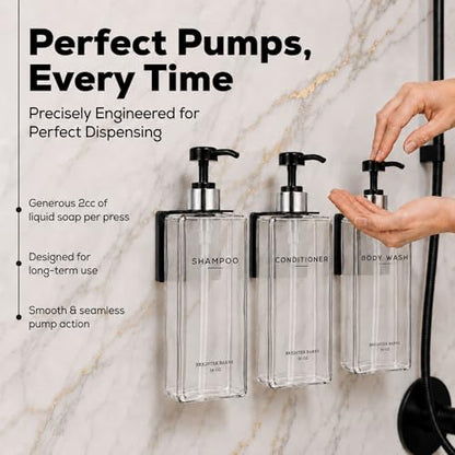 Clear Shampoo and Conditioner Dispenser Set Wall Mounted by Brighter Barns - Refillable Shower Soap Dispensers 3 Chamber No Drill - Plastic Shampoo, Body Wash and Conditioner Bottle for Hotels (Clear) - color: Clear