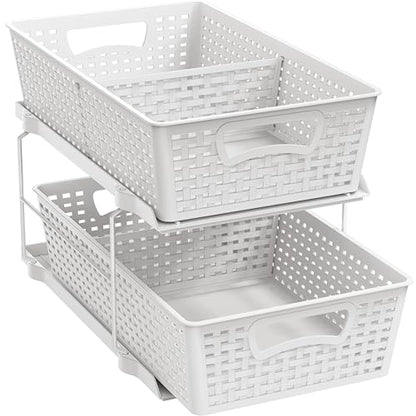 Simple Houseware 2 Tier Pull-Out Sliding Drawer Under Sink Storage, White | Great for Kitchen Bathroom Tray Shelf Organizer - color: White