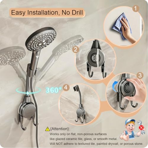 Shower Head Holder, 360° Swivel Adjustable Extra Length Arm, Flexible Wall Mount Shower Hose Holder, Removable Hand Held Shower Bracket with No Drill Suction Cup & Bonus Hook for Bathroom, Kitchen