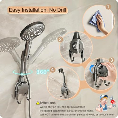 Shower Head Holder, 360° Swivel Adjustable Extra Length Arm, Flexible Wall Mount Shower Hose Holder, Removable Hand Held Shower Bracket with No Drill Suction Cup & Bonus Hook for Bathroom, Kitchen