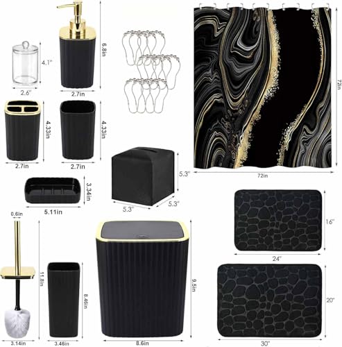 Bathroom Accessory Set with Shower Curtain and Rugs 23Pcs, Black Bathroom Set - Trash Can, Soap Dispenser, Soap Dish, Toilet Brush, Toothbrush Holder, Toothbrush Cup, Tissue Box, Q-tip Holders - size: Bath Set+Shower Curtain+Bath Rugs+Tissue Box