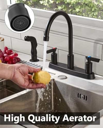 Kitchen Faucet with Side Sprayer, 8 Inch Centerset 4-Hole Black | Lead-Free 4-Hole High Arc Kitchen Sink Faucet, 1.8 GPM, 360° Spout - color: Black
