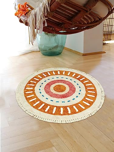 Lukinbox Boho Bathroom Rugs -2Ft Washable Round Area Rug, Soft Circle Bedroom Rug with Fringes, Small Colorful Non-Slip Sun Circular Rainbow Throw Rugs for Kids Room Chair Sofa Entryway - size: 2' (Round)
