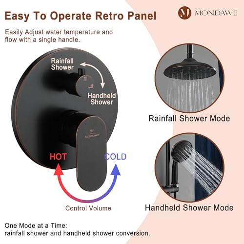 MONDAWE 8 Inch Wall Mounted Shower Faucet Set in Oil Rubbed Bronze, Rainfall Shower Head with 3-Setting Handheld Spray Shower Set Combo, High Pressure Shower System with Solid Brass Valve - color: Oil Rubbed Bronze, style: 8 IN - Without Tub Spout