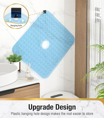 HITSLAM Square Shower Mat, Non Slip PVC Stall Mat, 24"x24", Blue | Power Grip Suction Cups, Center Drain Hole, Built-In Hanging Holes, Machine Washable Bathroom Floor Mat, Soft On Feet - color: Clear Blue