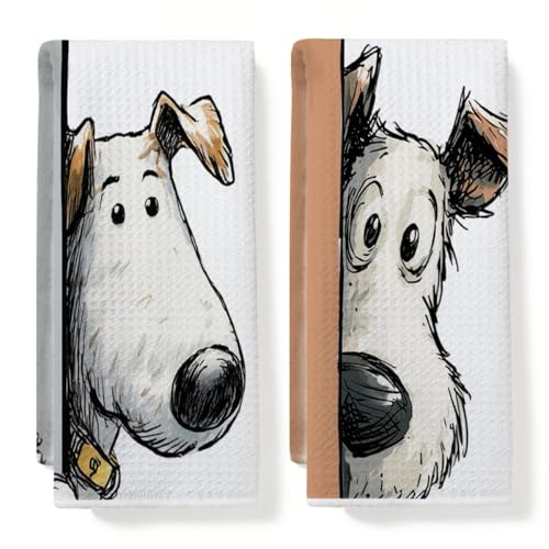 2 Pcs Funny Dog Kitchen Towels, Cute Terrier Gifts Hand Towel 14x24 Inches - color: Multi 0182