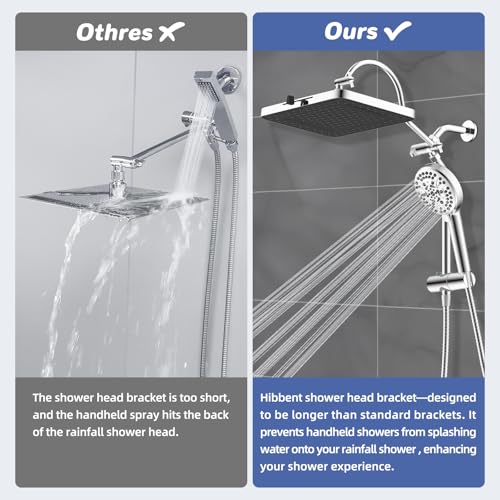 Hibbent Upgraded cUPC Certified 13'' Shower Head Combo, High Pressure 5 Spray Rainfall Showerhead with 10 Spray Modes Handheld, All Metal 3-way Diverter Shower Arm, 71'' Hose and Holder, Chrome - color: Chrome, style: Square 13"