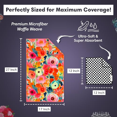 Microfiber Hand Towel & Washcloth Set, Double-Sided Waffle Weave Set of Two | Super Absorbent, Lint-Free, Fast Drying, Pia & Fonnie Pattern, Black/Pink, Bathroom, Kitchen, Car & Window Cleaning Cloth Set - color: Pia & Fonnie - Black/Pink, size: Hand Towe