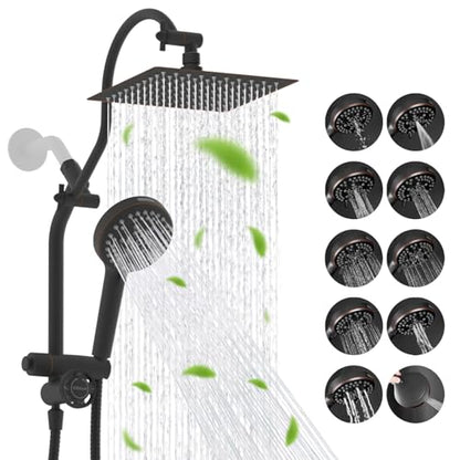 Hibbent High Pressue All Metal 8" Rainfall Shower Head, Handheld 10-Spray | cUPC Certified Oil-Rubbed Bronze Dual Showerhead Combo, 4-way Diverter with Pause Mode, Extension Arm, 71'' Hose & Holder - color: Oil Rubbed Bronze, style: Square 8"