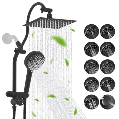 Hibbent High Pressue All Metal 8" Rainfall Shower Head, Handheld 10-Spray | cUPC Certified Oil-Rubbed Bronze Dual Showerhead Combo, 4-way Diverter with Pause Mode, Extension Arm, 71'' Hose & Holder - color: Oil Rubbed Bronze, style: Square 8"